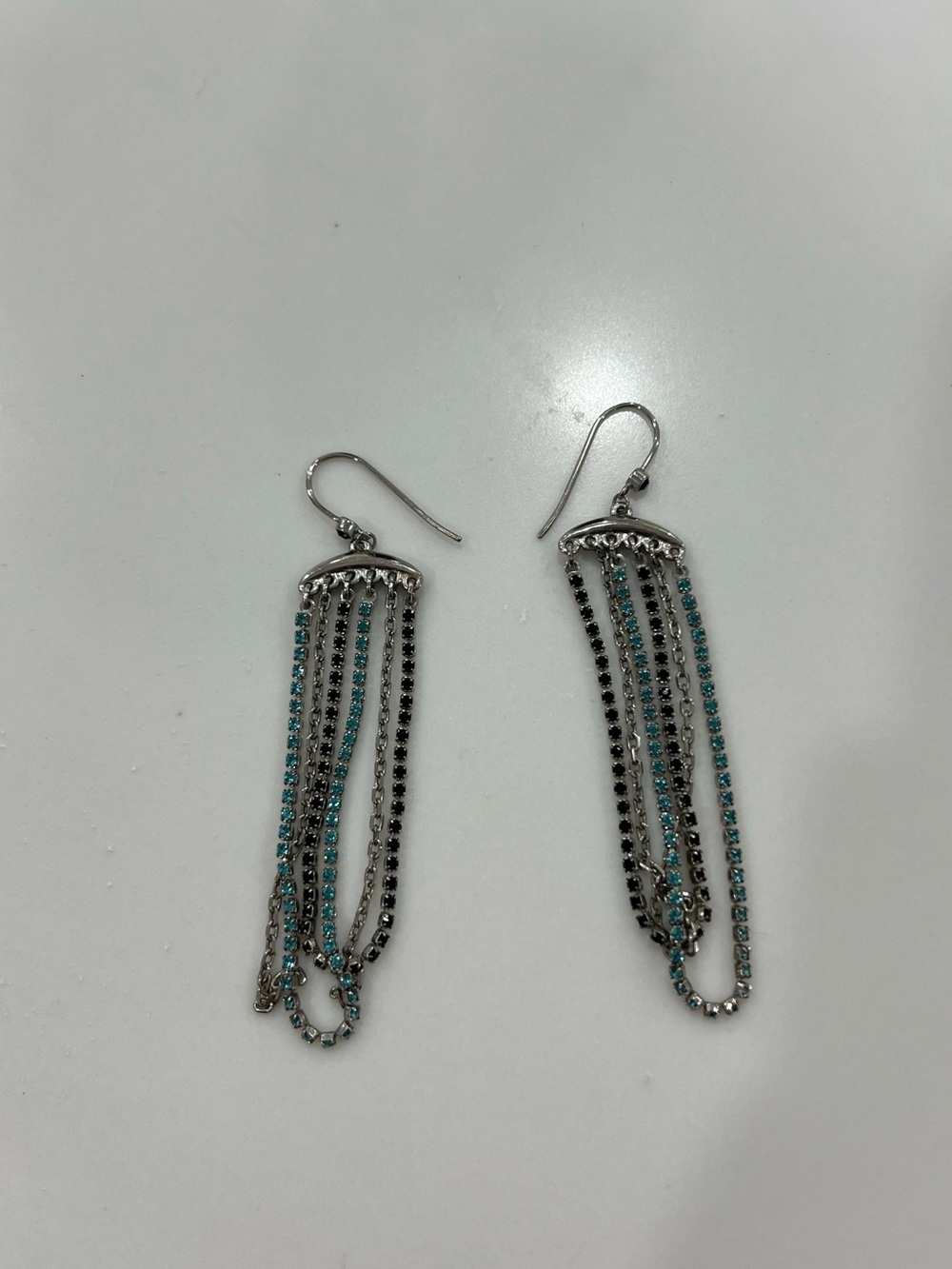 Swarovski Silver Tassel Drop Earrings with Turquoise and Black Accents